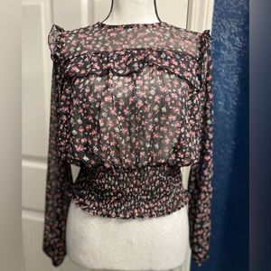 love, Fire Black Sheer Blouse with Pink Floral Print
